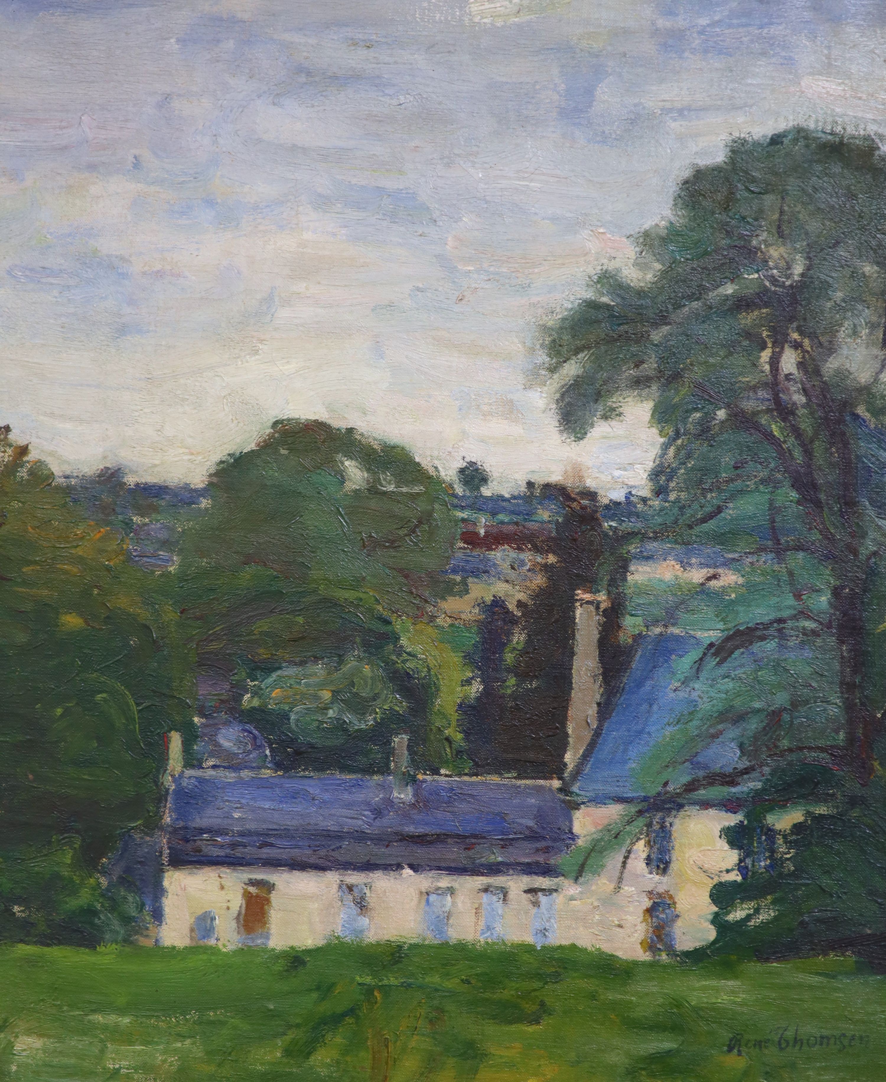 Rene Thomsen (French, 1897-1976), House and trees in a landscape, Oil on canvas, 54 x 45cm.